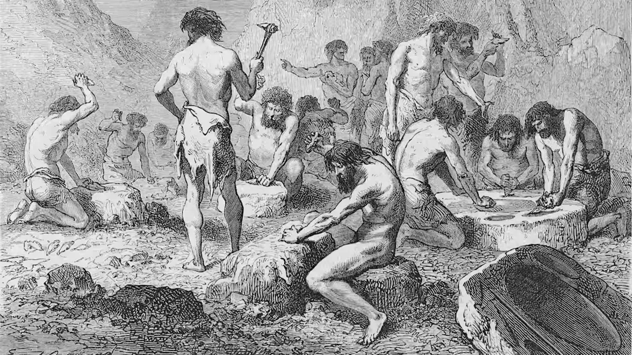 گروهی از غارنشینان که بر روی زمین کار میکنند.