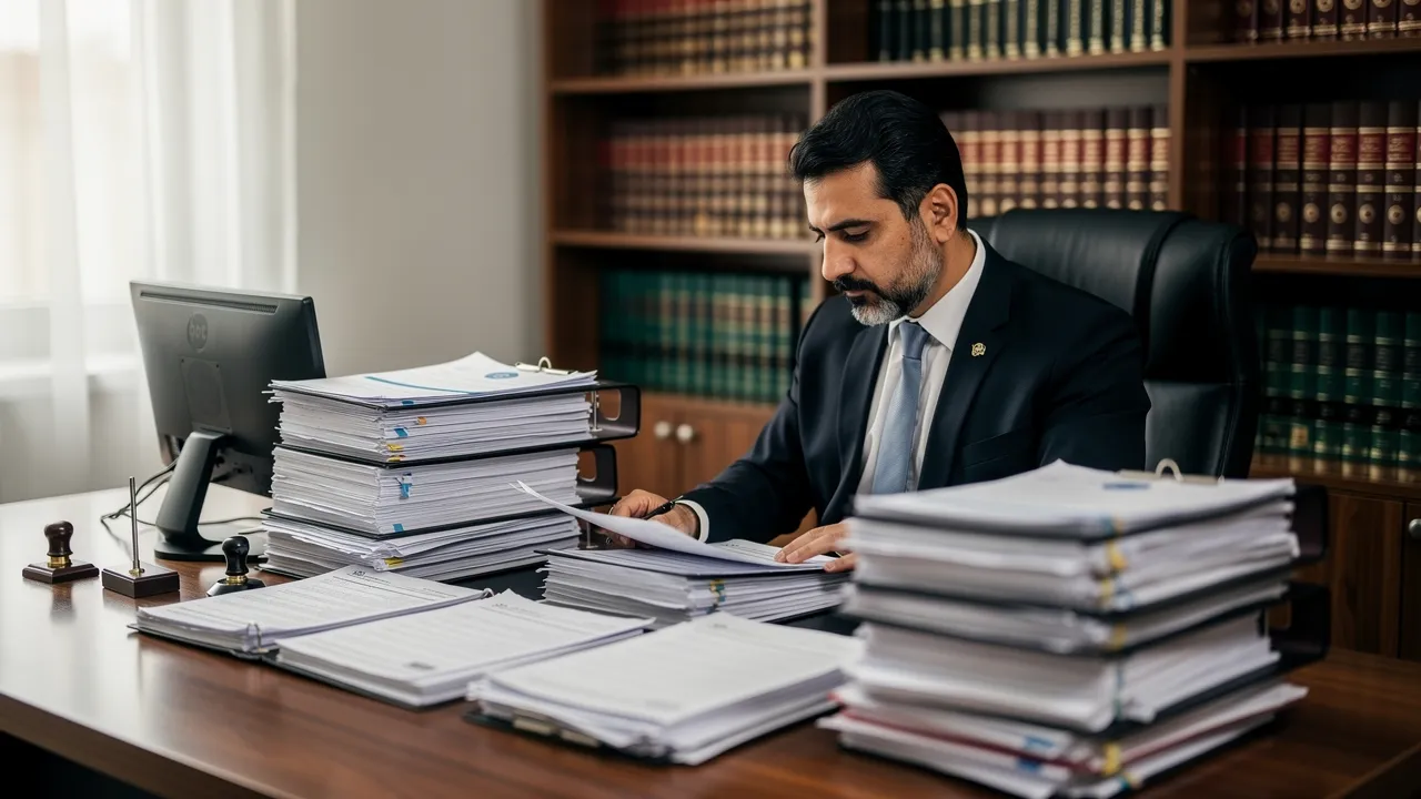 کارشناس رسمی دادگستری امور ثبتی در حال بررسی اسناد و مدارک