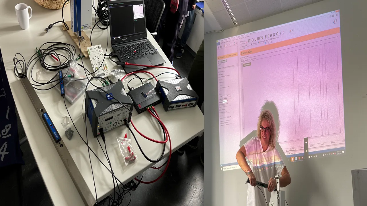 شکل 1: سمت چپ – راه‌اندازی دستگاه اندازه‌گیری سنجش فشار، که شامل سلول بار، واحدهای جمع‌آوری داده‌ها و کامپیوتر است. سمت راست – تحلیل زمان واقعی فشار.